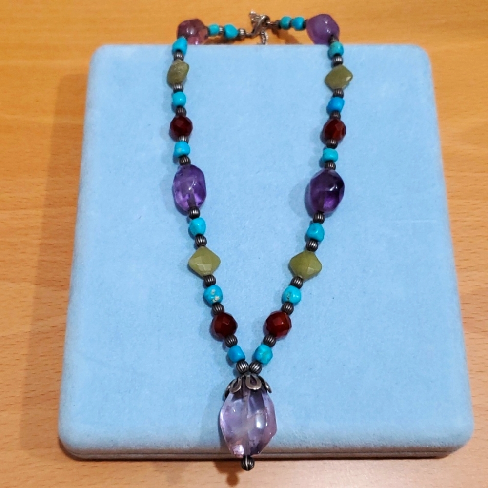 Statement Beaded Necklace Silver Turquoise Amethyst